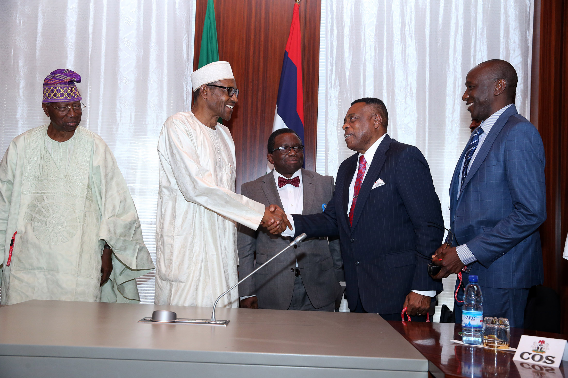 PRESIDENT BUHARI RECEIVED OBASANJO PRESIDENTIAL LIB TEAM. 5. L-R; Leader of the Team, Professor O. O. Akinkugbe, President Muhammadu Buhari, Minister of Health Prof Isaac Adewole, Prof Nimi Briggs and Prof Noel Wannang during a meeting with Team of Eminent Nigerians from Olusegun Obasanjo's President Library as they present health reports from health sector to the President at the State House in Abuja. PHOTO; SUNDAY AGHAEZE/STATE HOUSE PHOTO. MARCH 1 2016