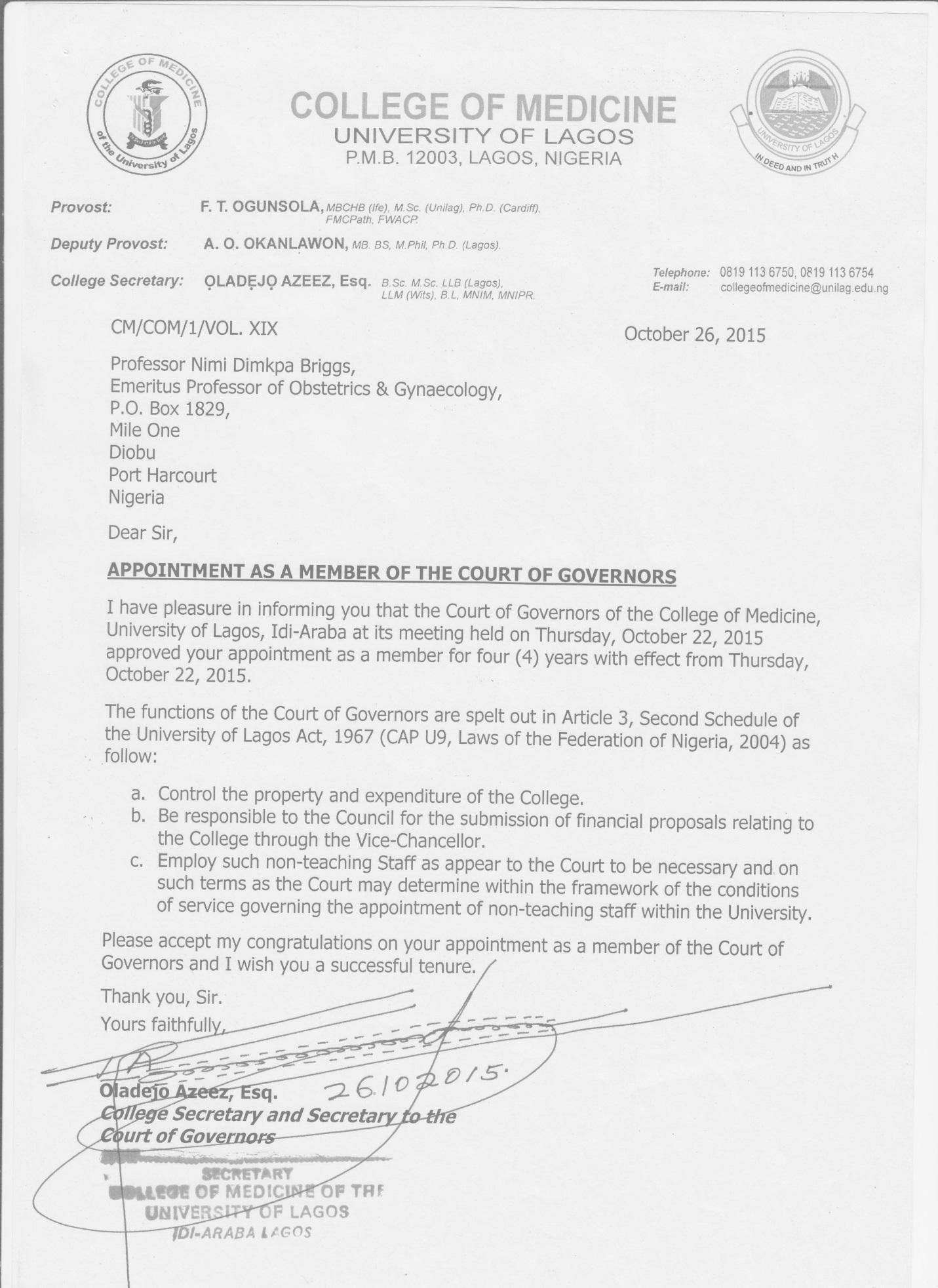 APPOINTMENT INTO THE COURT OF GOVERNORS, COLLEGE OF MEDICINE, UNIVERSITY OF LAGOS